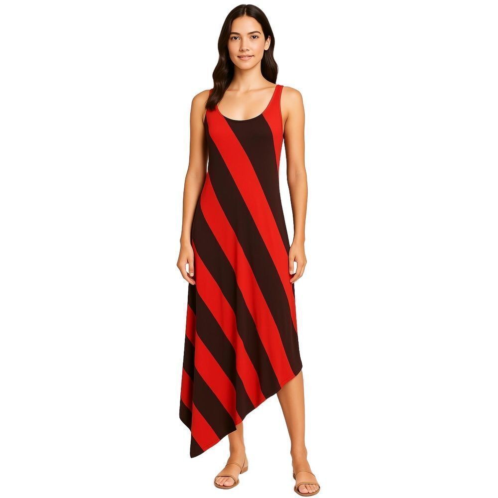 Felicity And Coco Red Brown Diagonal Stripe Asymmetrical Hem Dress Womens Small